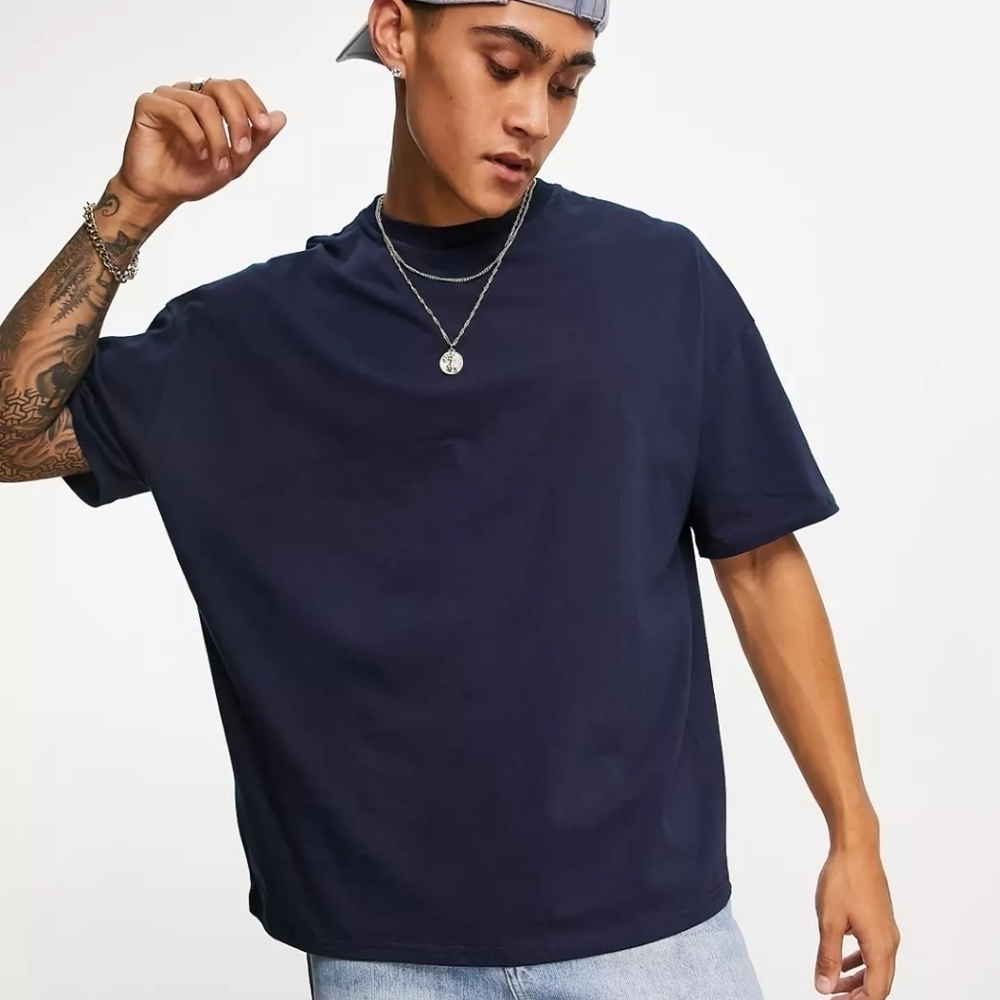 NWOT asos oversized high neck short navy tshirt